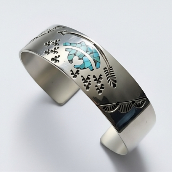 Native American Jewelry - Navajo Turquoise Chip Inlay Cuff Bracelet Signed CH